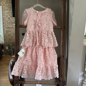 SELF PORTRAIT KIDS SELF-PORTRAIT PINK GUIPURE LACE SKIRT AND TOP ENSEMBLE